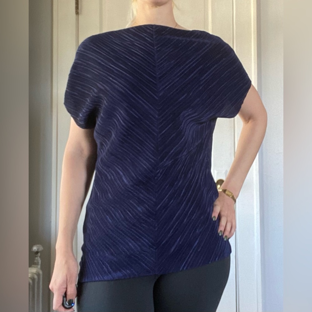 TALL - LTS Plisse Batwing Sleeve Blouse with Boatneck, XS Tall Navy Blue. 🍓 - Picture 7 of 7